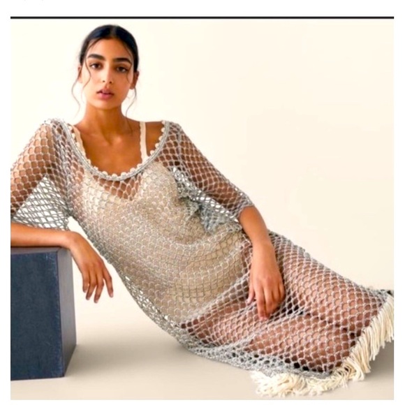 Zara mesh  silver sparkle Dress NWT sz Large beach cover up - Picture 1 of 8